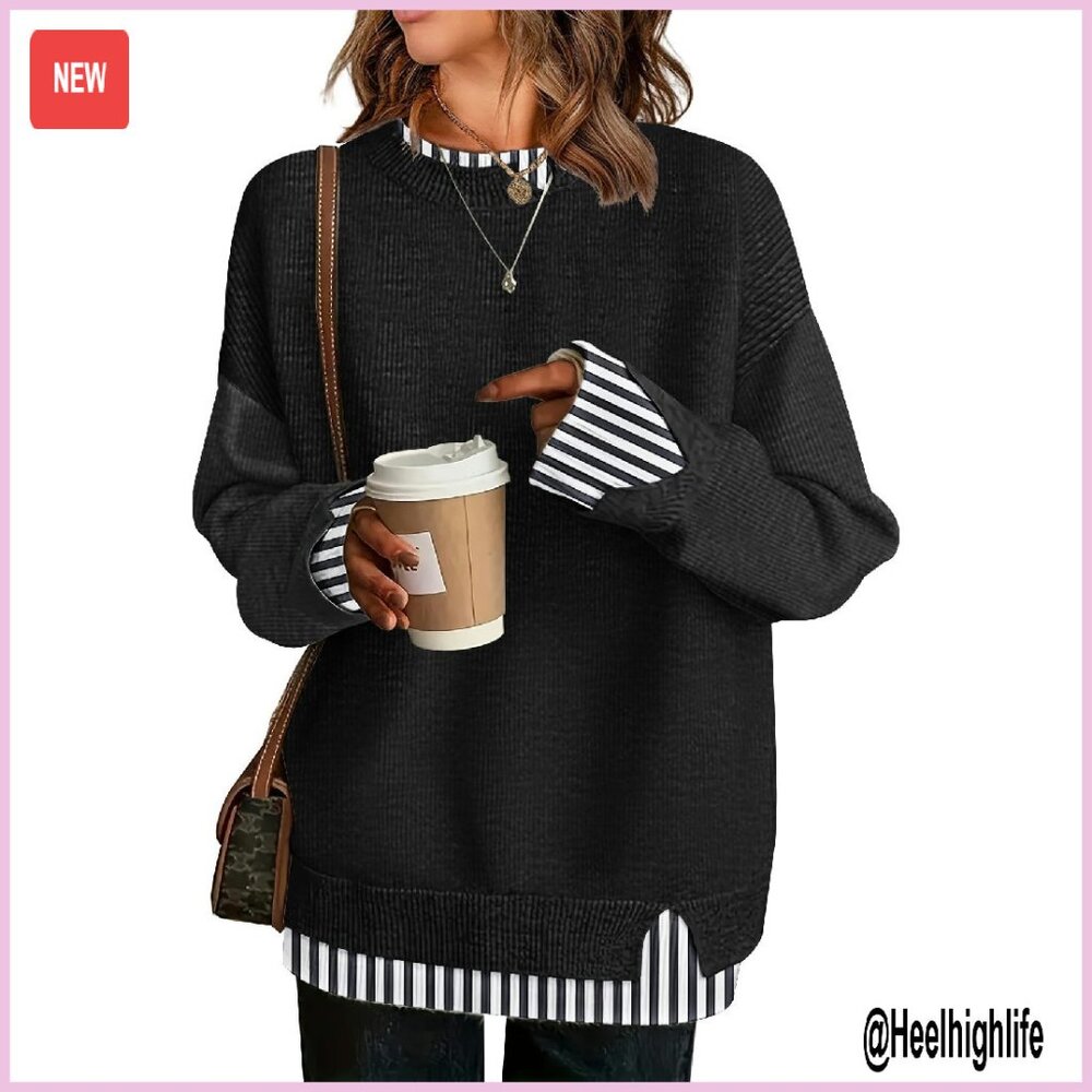 Oversized Knit Sweater Cozy Patchwork Pullover Te… - image 1